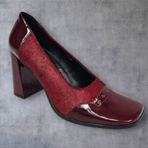Vintage 90s Bakers Burgundy Patent Leather & Calf Hair Square Toe Pumps Size 8.5